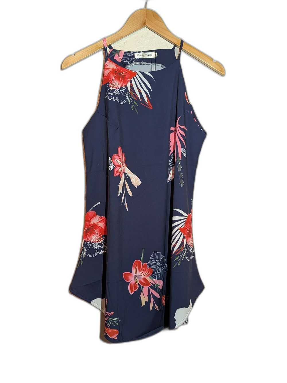 Ealey Fushi Navy Floral Halter Top Cotton Mini Summer Tropical Dress Medium